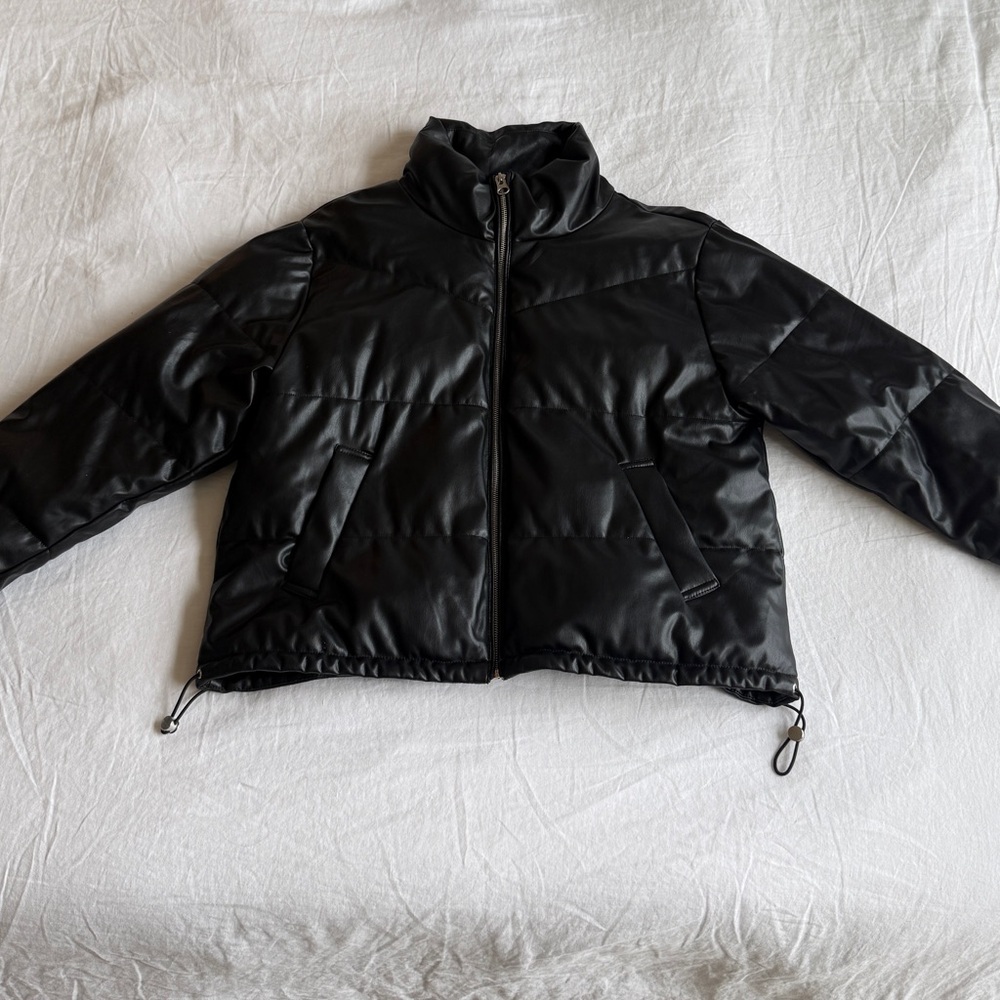 H&M Black Faux Leather Puffer Bomber Jacket size medium - Picture 3 of 10